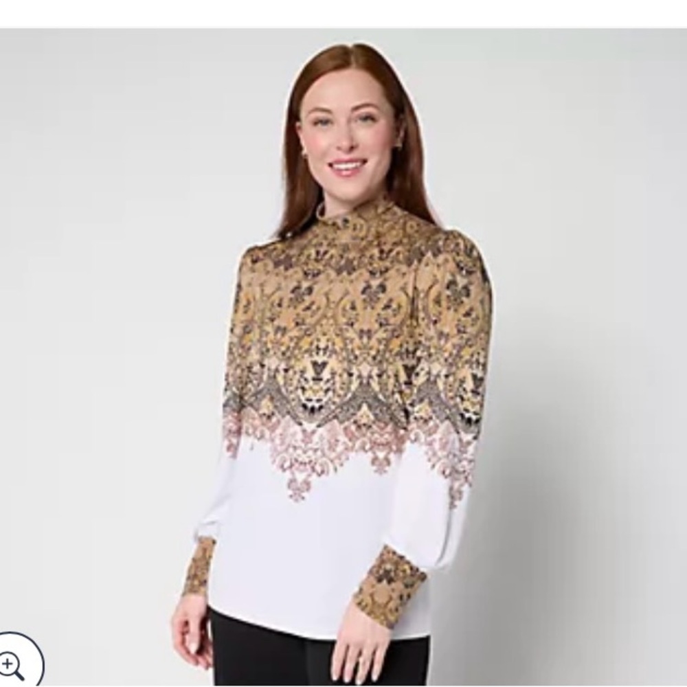 3/$15 Susan Graver Gold and White Patterned Blouse